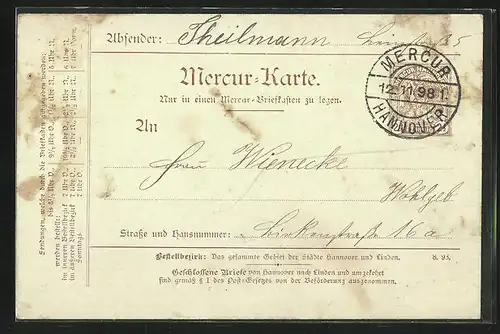 AK Hannover, Private Stadtpost Mercur, 2,5 Pf.