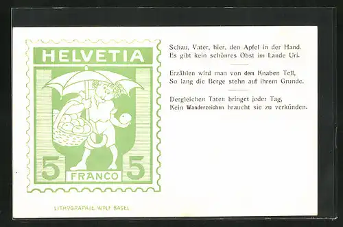 AK Briefmarke aus der Schweiz mit dem Knaben Tell