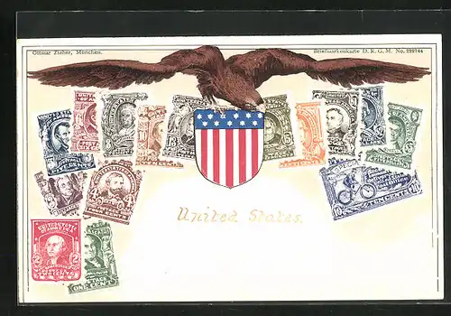 Präge-AK Briefmarken aus den USA