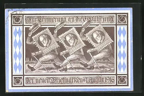 AK Zur Einführung der neuen Briefmarken 1916 in Bayern, Postgeschichte
