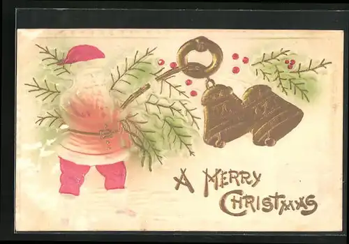 Präge-Airbrush-AK Weihnachtsmann läutet Glocken