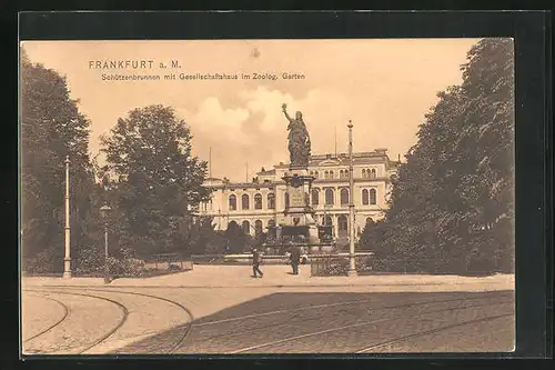 AK Frankfurt /Main, Schützenbrunnen mit Gesellschaftshaus im Zoologischen Garten