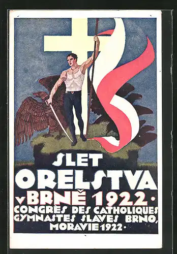 Künstler-AK Brünn / Brno, Slet Orelstva 1922, Turner mit Degen und Fahne, Turnfest
