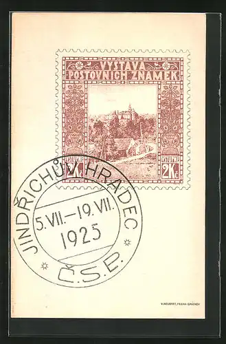Künstler-AK Neuhaus / Jindrichuv Hradec, Vystava Postovnich Znamek 1925, Briefmarke mit Ortspartie