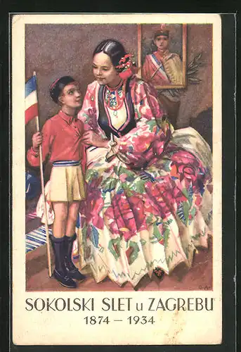 Künstler-AK Zagreb. Sokolski slet 1874-1934, Frau im bunten Kleid mit einem Jungen