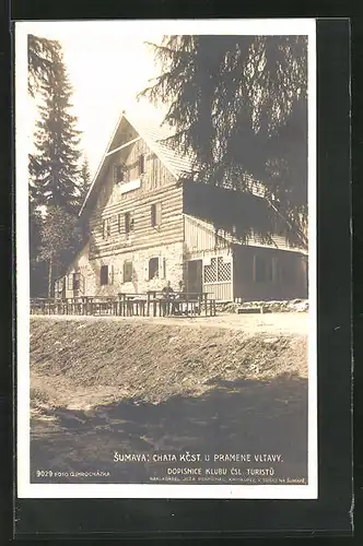 AK Chata Kcst. u pramene Vltavy, Ortspartie mit Berghütte, Sumava