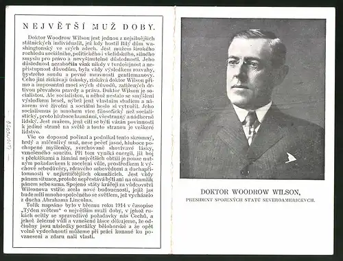 Klapp-AK Präsident der USA Woodrow Wilson, beschriftet in tschechischer Sprache