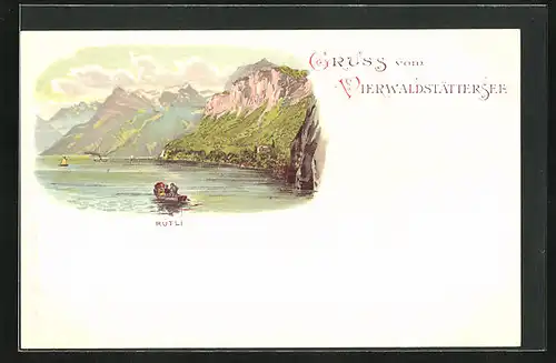 Lithographie Rütli /Vierwaldstättersee, Ausflug mit dem Ruderboot auf dem See