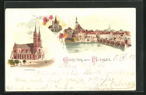 Lithographie Basel, Ortspartie mit Brücke, Blick auf den Münster