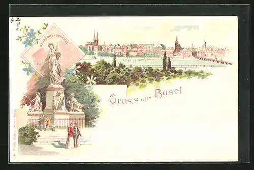 Lithographie Basel, Gesamtansicht & St. Jacobs-Denkmal