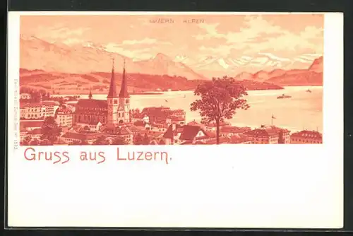 Lithographie Luzern, Gesamtansicht gegen die Alpen