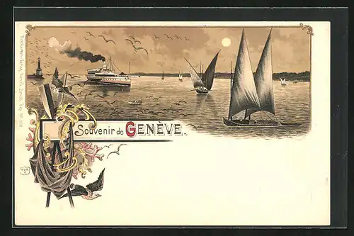 Lithographie Geneve, Segelboote und Dampfer auf dem See