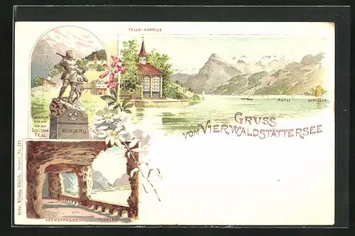 Lithographie Tellskapelle /Vierwaldstättersee, Tell-Denkmal & Axenstrasse bei Flüelen