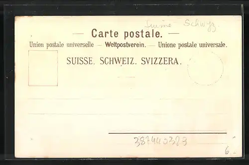 Lithographie Tellskapelle /Vierwaldstättersee, Tell-Denkmal & Axenstrasse bei Flüelen