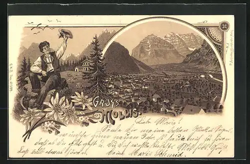 Lithographie Mollis, Gesamtansicht mit Alpenpanorama