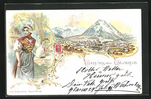 Lithographie Glarus, Teilansicht, Frau in Tracht mit Krug