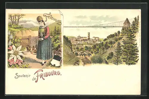 Lithographie Fribourg, Teilansicht mit Brücke, Frau in Tracht mit Hühnern