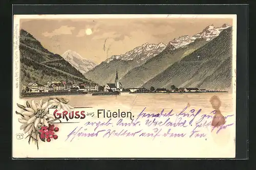 Lithographie Flüelen, Teilansicht bei Mondschein