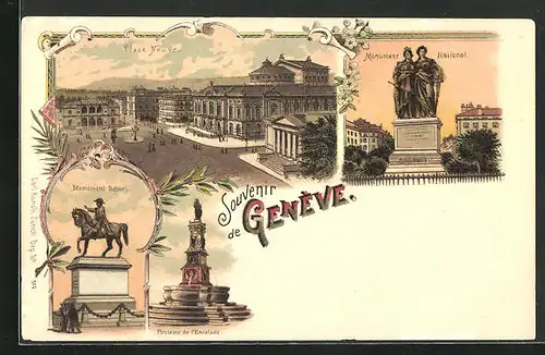 Lithographie Genève, Place Neuve, Monument Dufour, Monument National