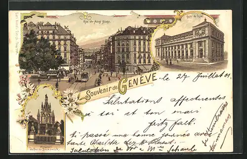 Lithographie Genève, Hotel de Poste, Rue de Mont Blanc, Monument du Duc de Brunswick