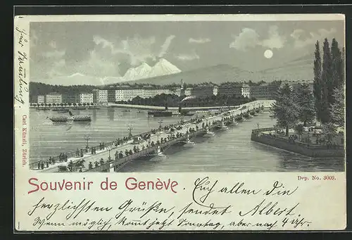 Mondschein-Lithographie Genève, Blick auf Brücke