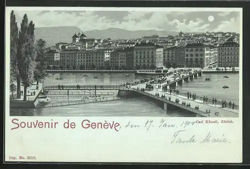 Mondschein-Lithographie Genève, Teilansicht mit Brücke