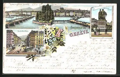 Lithographie Genève, Vue générale Rive Gauche, Rue du Mont Blanc, Monument national