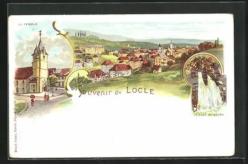 Lithographie Locle, Panorama, Le Temple, Le Saut du Doubs