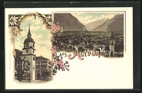 Lithographie Altdorf, Teilansicht, Tell-Turm