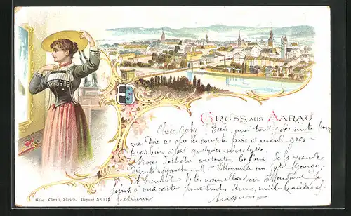 Lithographie Aarau, Teilansicht mit Brücke, Frau in Tracht vor dem Spiegel