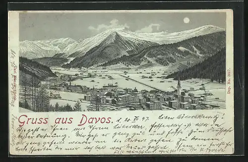 Mondschein-Lithographie Davos, Verschneite Totalansicht