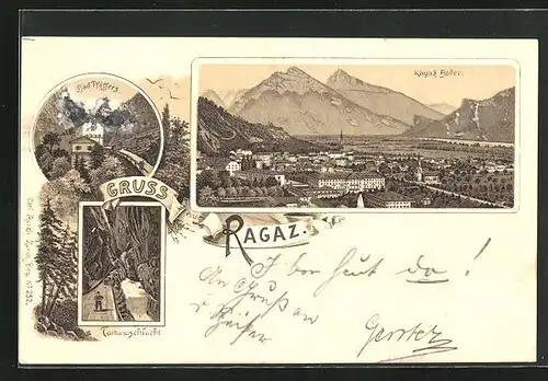 Lithographie Ragaz, Bad Pfäffers, Taminaschlucht, Totalansicht