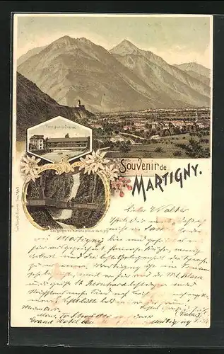 Lithographie Martigny, Pont sur la Dranse, Les ggorges du Durnand près de Martigny, Totalansicht
