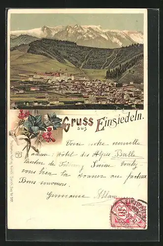 Lithographie Einsiedeln, Totalansicht der Stadt, Alpenpanorama