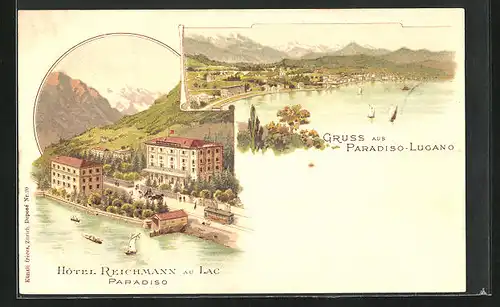 Lithographie Lugano-Paradiso, Hôtel Reichmann au Lac Paradiso, Totalansicht