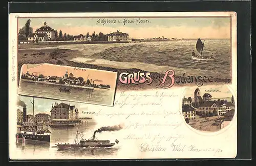 Lithographie Arbon /Bodensee, Schloss und Bad Horn, Arbon, Rorschach