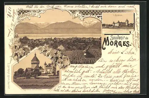Lithographie Morges, L`Arsenal, Château de Vufflens, Totalansicht