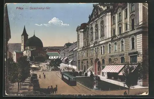 AK Pecs, Széchenyi-tér, Strassenbahn