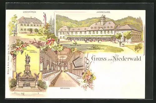 Lithographie Niederwald, Restaurant Jagdschloss, Logierhaus, Speisesaal