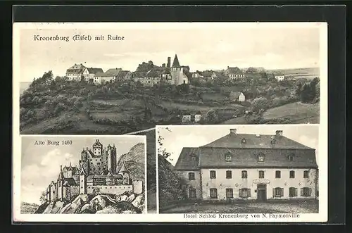 AK Kronenburg /Eifel, Hotel Schloss Kronenburg, Totalansicht mit Ruine