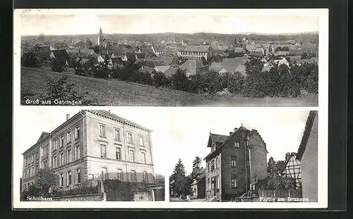 AK Östringen, Schulhaus, Partie am Brunnen, Panorama