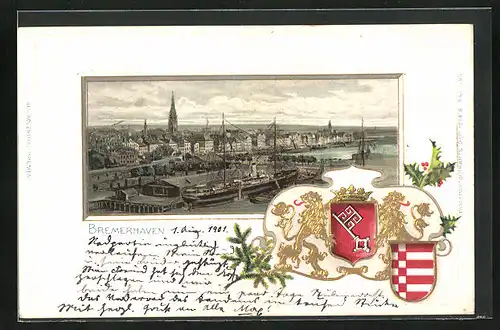 Passepartout-Lithographie Bremerhaven, Teilansicht und Dampfer, Wappen