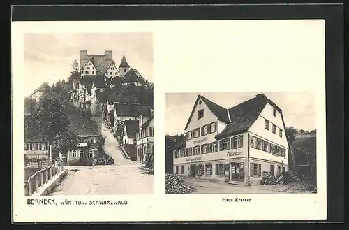 AK Berneck /Württemberg. Schwarzwald, Hotel Haus Kratzer, Strassenpartie mit Gebäudeansicht