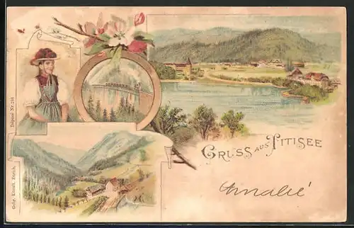 Lithographie Titisee, Ortspartie, Eisenbahnbrücke, Frau in Tracht