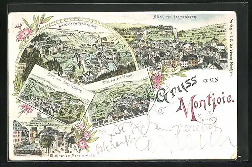 Lithographie Montjoie, Blick von der Marktbrücke, Blick vom Bahnhofsweg, Blick aus der Haag