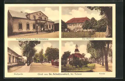 AK Gross Schulzendorf, Gasthaus Karl Grüneberg, Heidehof, Dorfpartie, Kirche, Landpoststempel
