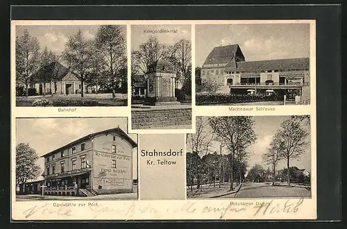 AK Stahnsdorf, Gasthaus zur Post, Bahnhof, Kriegerdenkmal, Machnower Schleuse