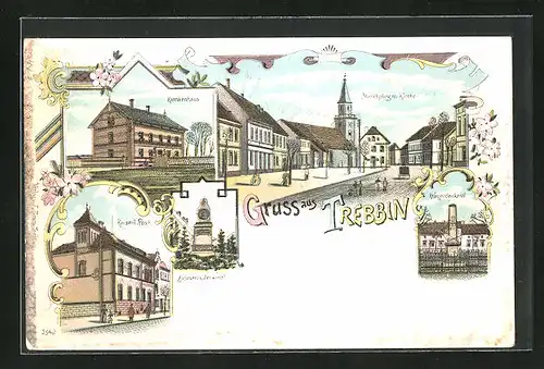 Lithographie Trebbin, Krankenhaus, Marktplatz mit Kirche, Kriegerdenkmal, Kaiserl. Post