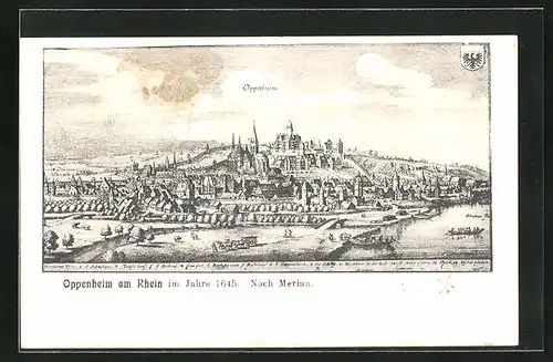 Künstler-AK Oppenheim, Totalansicht nach Merian 1645, Stadtwappen