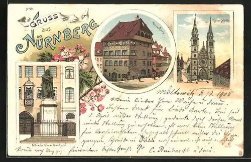 Lithographie Nürnberg, Dürerhaus, Albrecht Dürer Denkmal, Lorenzkirche
